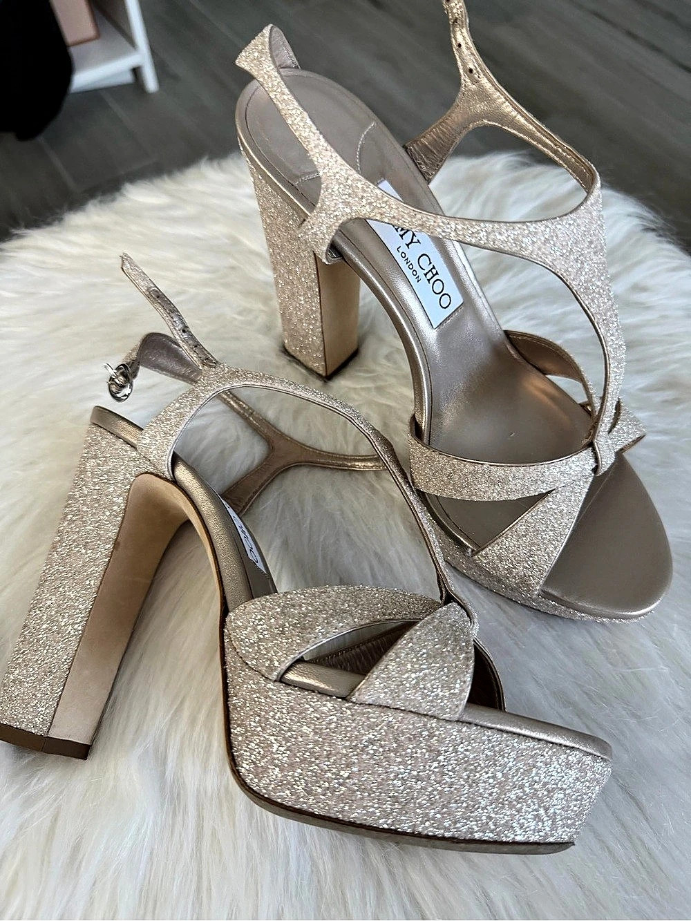 Jimmy Choo Glitter Platform Heels in Gold